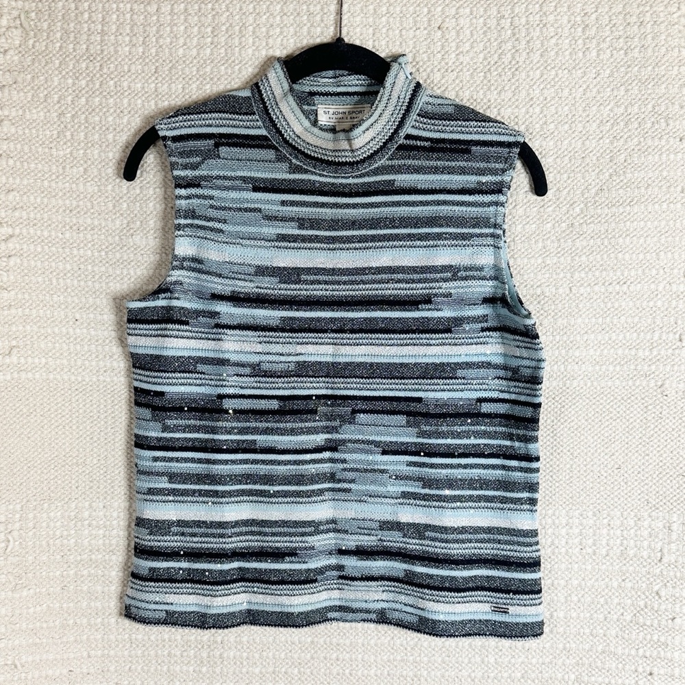 ST. JOHN blue and black striped mock neck sleeveless knit top S